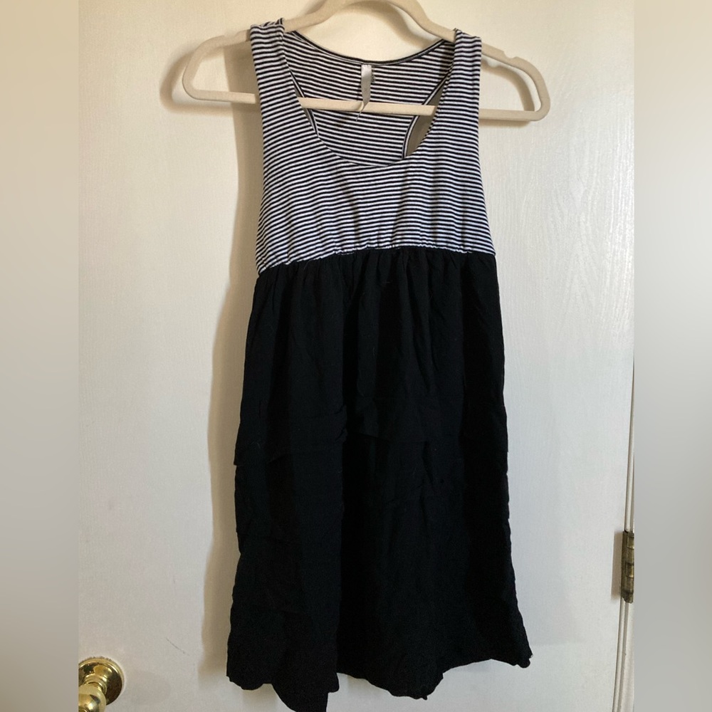*Avec Black & White Striped Racerback Black Layered Skirt Midi Dress